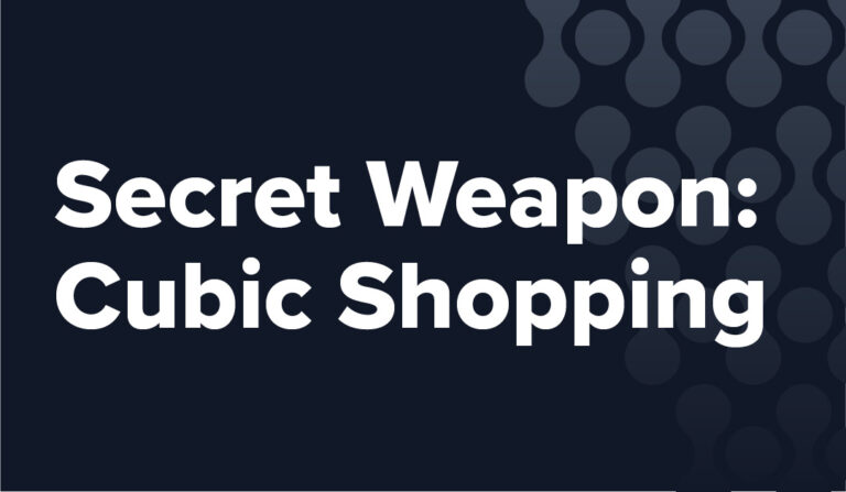 Black background with eHub logo pattern. Contains white writing that says "Secret Weapon: Cubic Shopping"