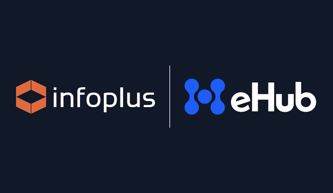 In front of a dark background, the infoplus logo (with an orange icon and white writing) and the eHub logo (with a blue icon and white writing) are shown side-by-side to show their partnership