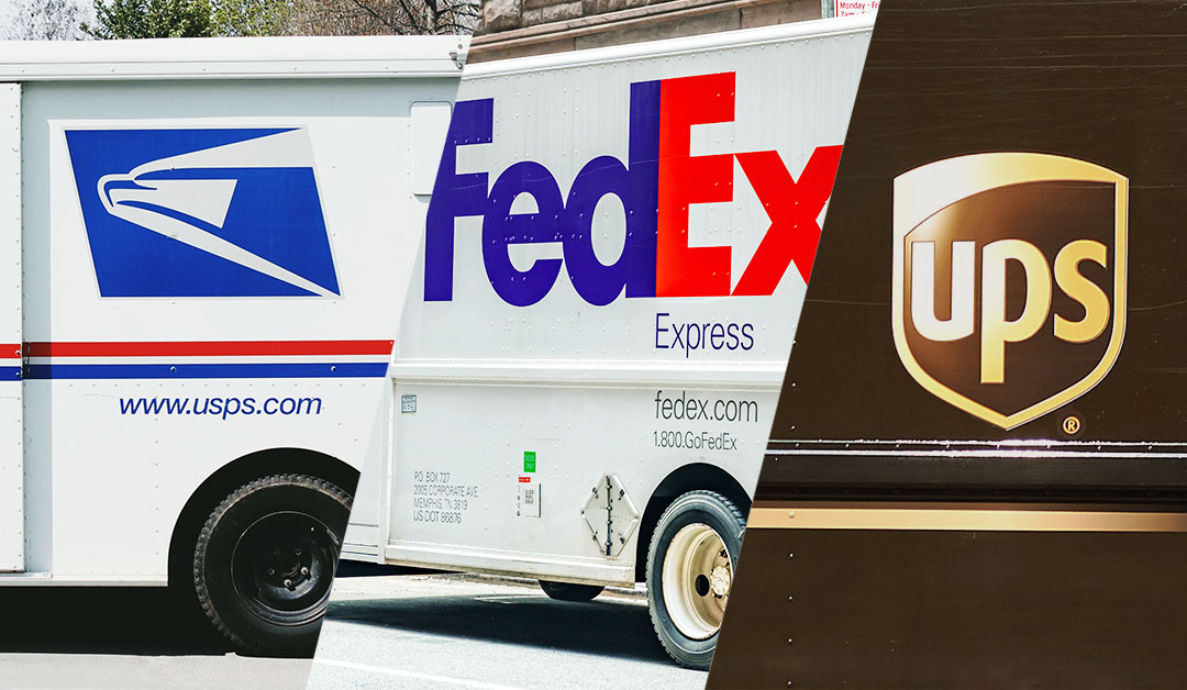 A montage of part of a USPS delivery truck, part of a FedEx delivery truck, and part of a UPS delivery truck, each image shows and focuses on the logos on each truck