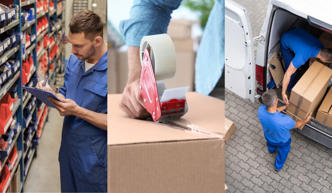 A montage of a warehouse worker with a clipboard checking items off on a list. A closeup of an arm taping a box closed with a tape gun. Two delivery men load a van in unison.