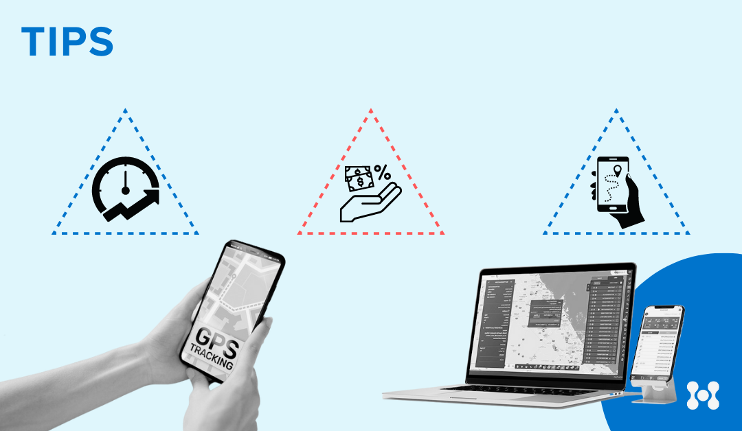 Tips to help you master flat rate shipping methods. A pair of hands are shown holding a phone that is displaying the words: "GPS tracking."</p>
<p>In the background is a laptop and a cell phone on a stand, both seem to be looking at maps and shipment tracking apps.