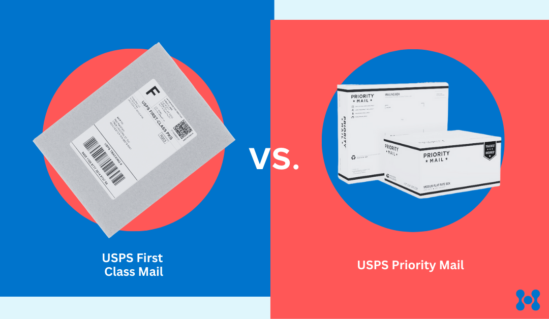 An infographic displays Usps first class on one side of the page, split evenly in half vertically, and then priority on the other side.
