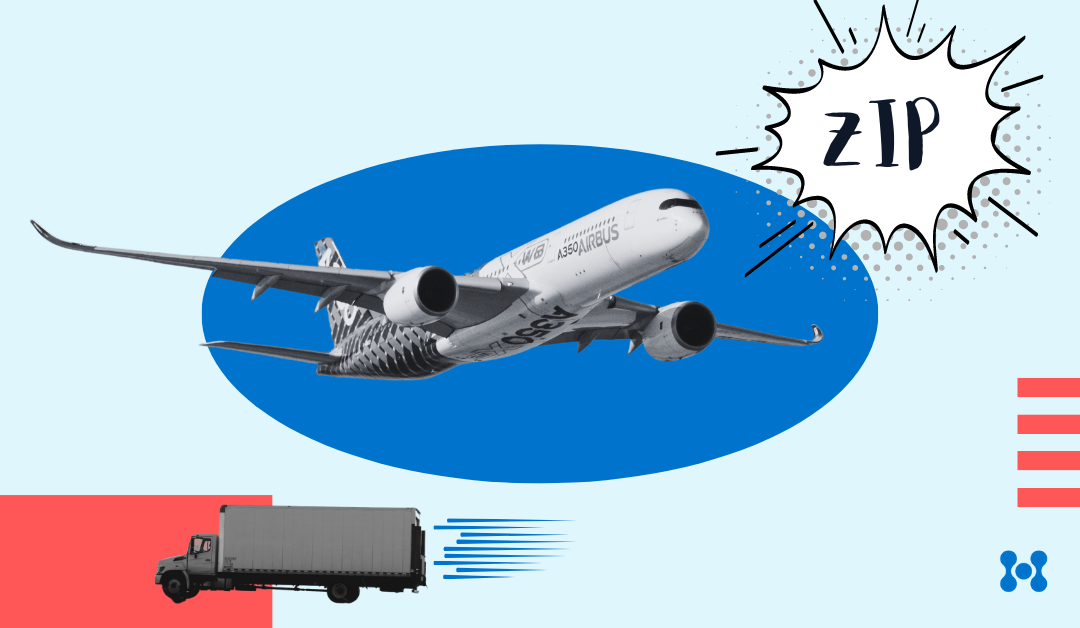 An airplane is shown in flight over a blue oval, while a delivery truck races across the page. The word "zip" is shown in a comic-book fashion.