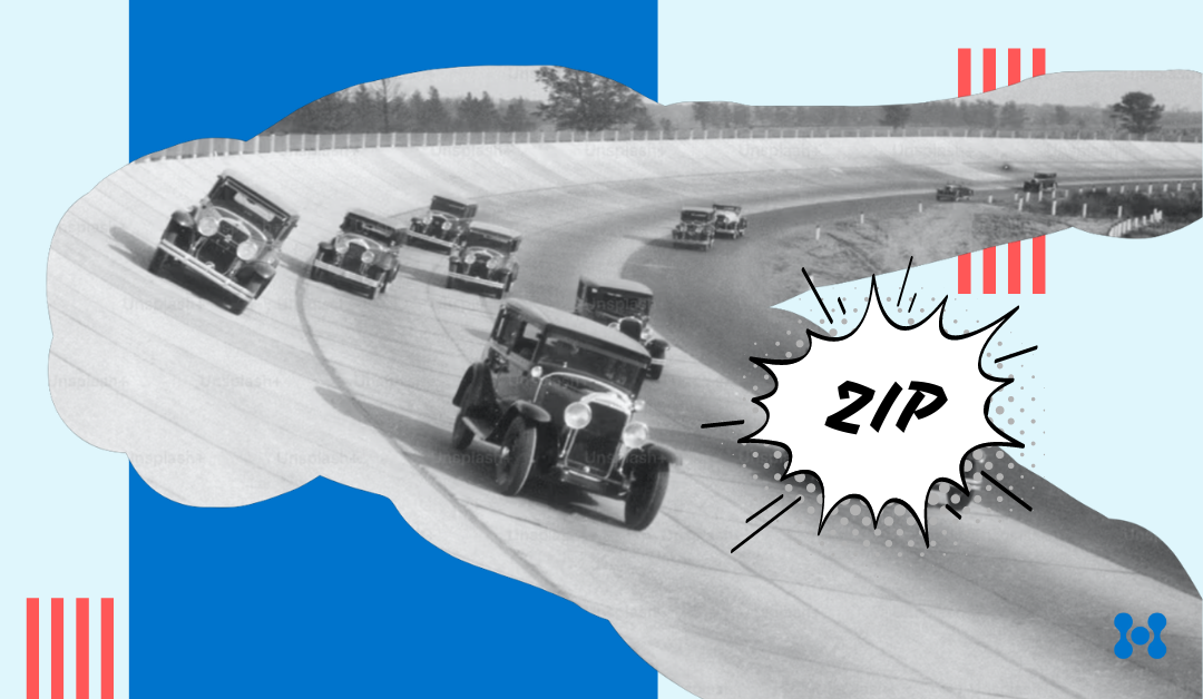 Old fashioned race cars speed around the bend of a race track with the word "zip" super-imposed over top. 