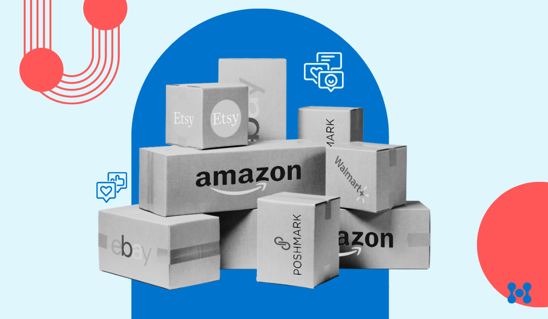 A light blue background with red and darker blue shapes is set behind a pile of boxes, with many different ecommerce labels visible one each box.