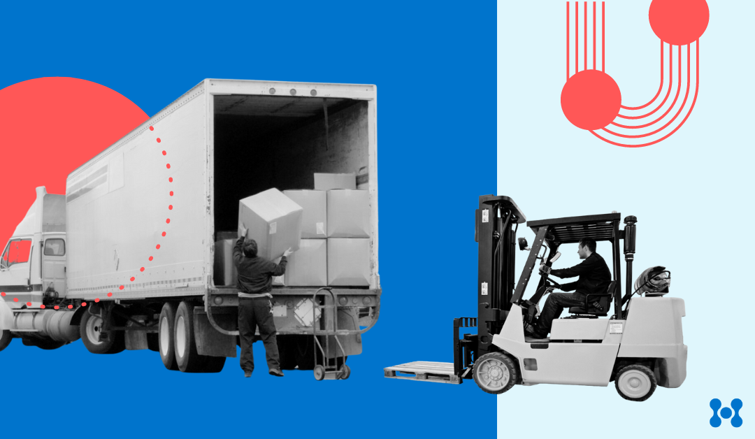 A forklift is shown loading large boxes into the back of a semi-truck.