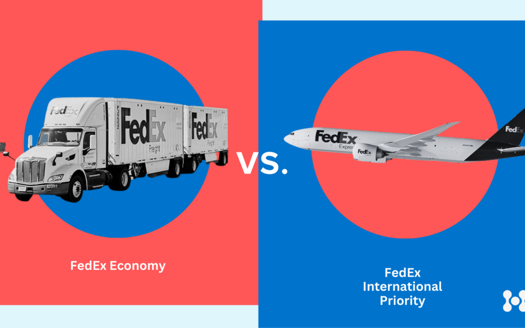 An inforgraphic compares fedex economy vs fedex international priority. A FedEx truck is shown on one side, with "vs." in the center of the image, and a FedEx plane on the other side.