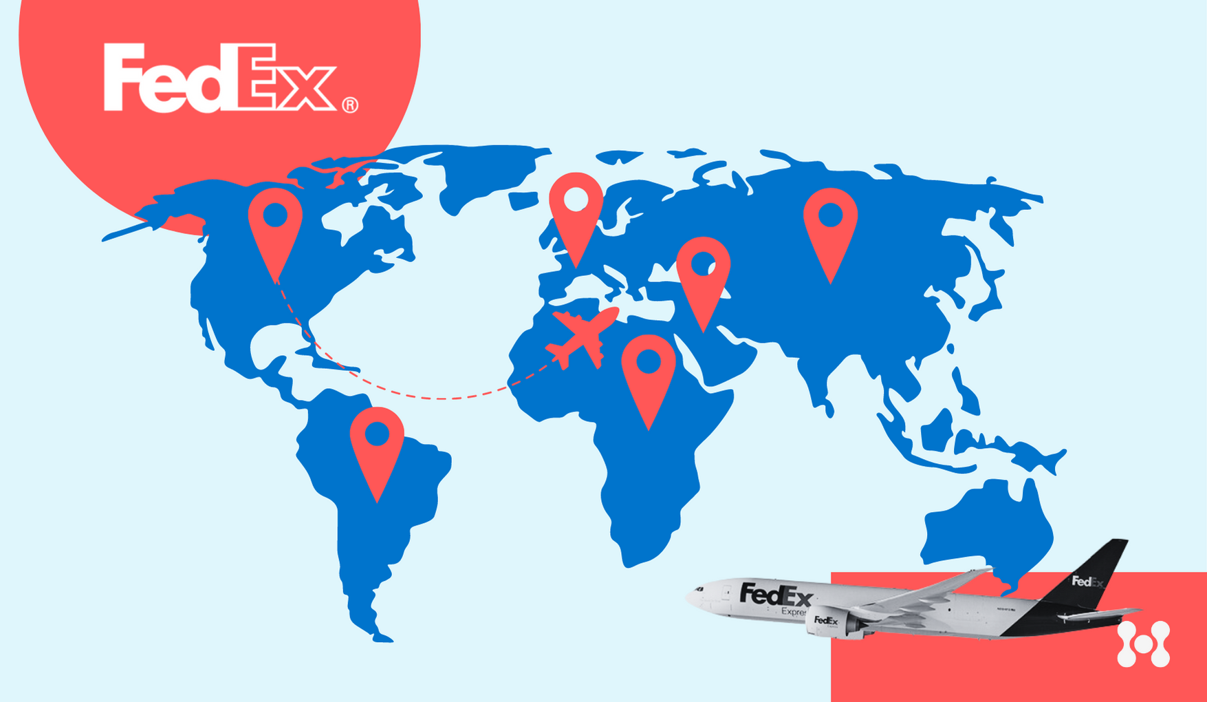 An outline of the continents is shown in a dark blue, while a fedex logo is displayed largely in the top left corner. The bottom right corner features the eHub logo. Over the continents, flight routes are displayed with large red waypoints, and a cutout of a fedex cargo plane is displayed. 