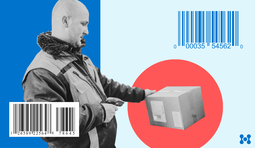 A delivery man scans a box and multiple bar codes are shown.