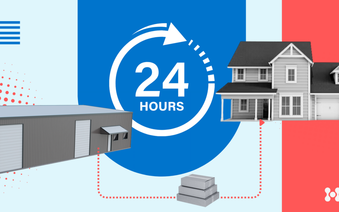 A visual diagram depicts a 24 hr passage of time between a house and a warehouse for package delivery.