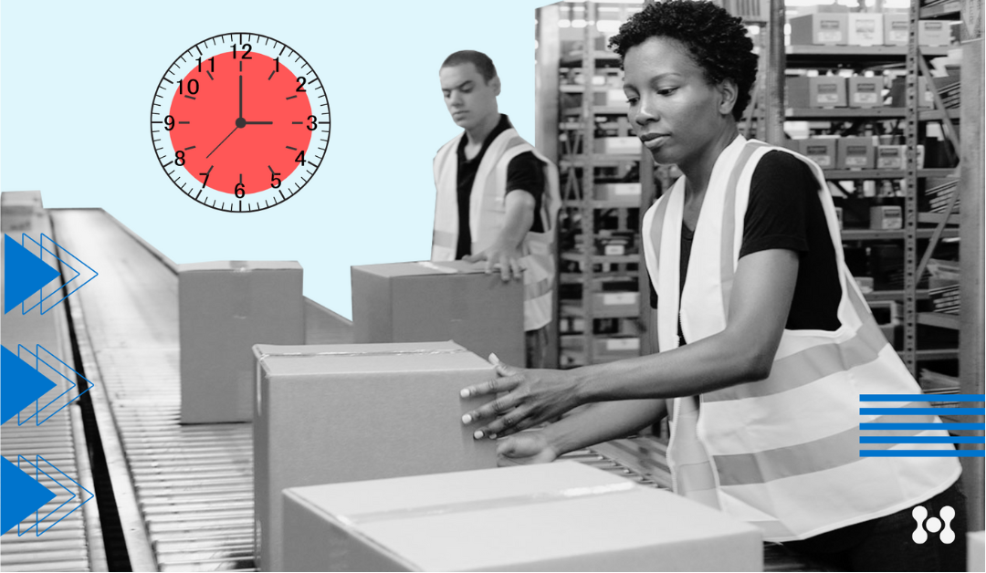 Warehouse workers are shown placing packages on a conveyor belt with a clock in the background signifying the passage of time.