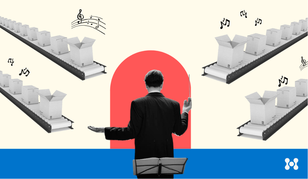 an orchestra director is shown facing multiple packing conveyor belts and directing the boxes in place of a symphony.