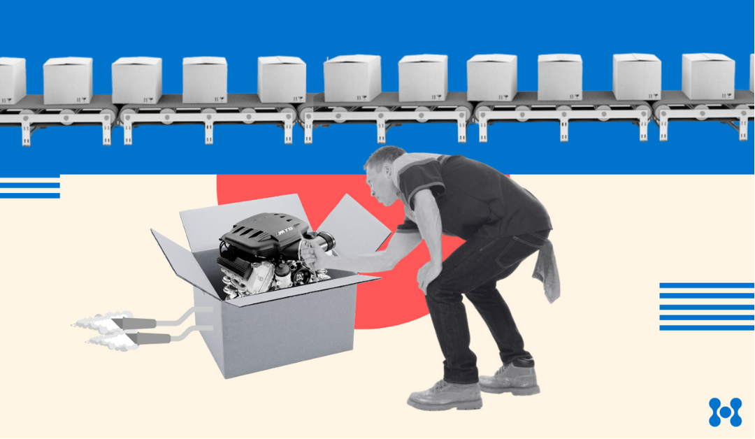 A man is shown opening a box that contains an engine, in the background a conveyor belt is shown moving packages.