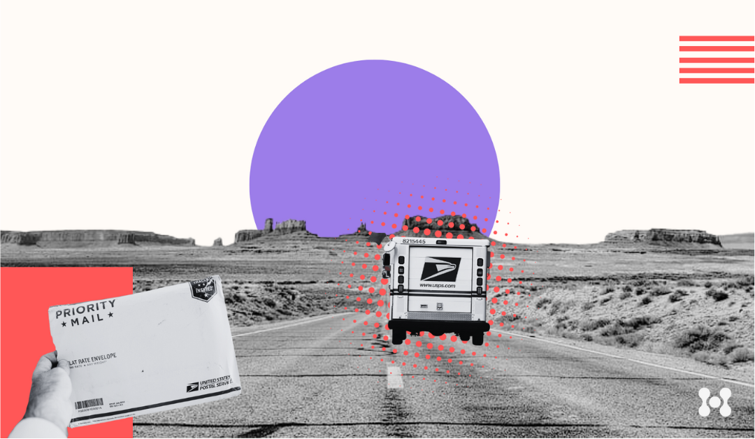 In the foreground a hand is shown holding a flat rate envelope. In the background a usps truck drives into the distance on an empty desert road and a purple, rising sun.