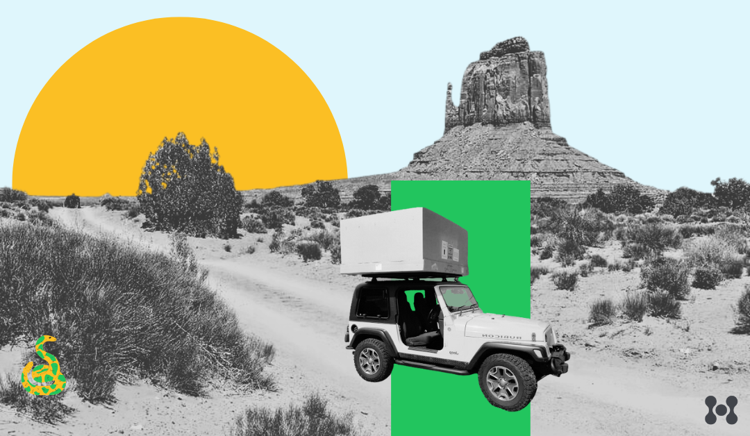 Moving through the network. A graphic design image is shown as a black and white desert scene with a jeep traveling a dirt road. On top of the jeep is a large package. In the background, behind the desert scene, there is a large yellow sun and blue sky.