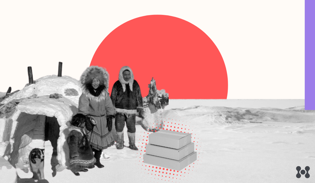 a package is shown delivered to a remote igloo and family living in the arctic. 