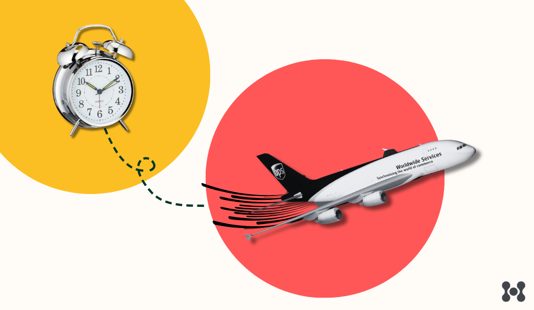 a UPS plane is shown in flight with speed lines tailing in a cartoon style. There is also an alarm clock in the background, representing speedy delivery.