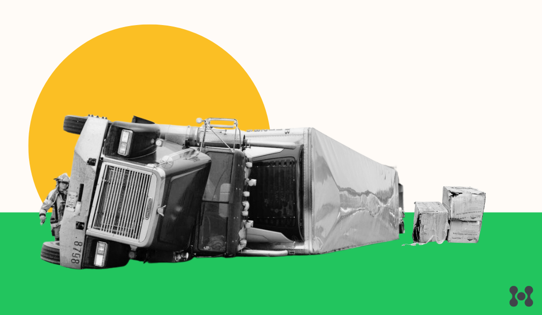 a semi truck is shown tipped over and packages falling out of the damaged trailer.