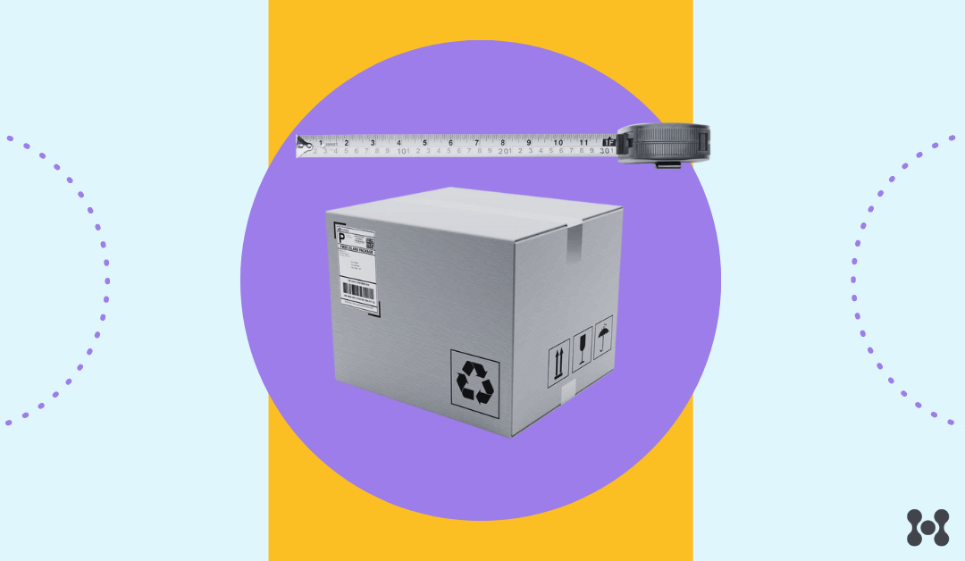 A cardboard box is shown over a purple circle graphic. Above the box is a measuring tape, stretched out to the length of the box.