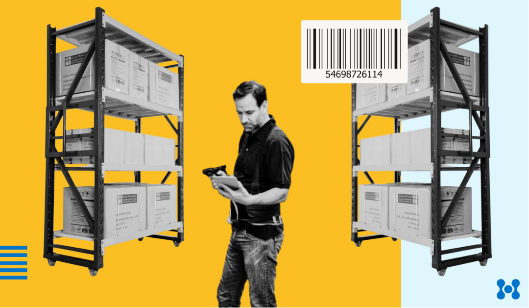 A man is shown in the foreground using an RFID scaner, with shelves of boxes stacked on either side of him.