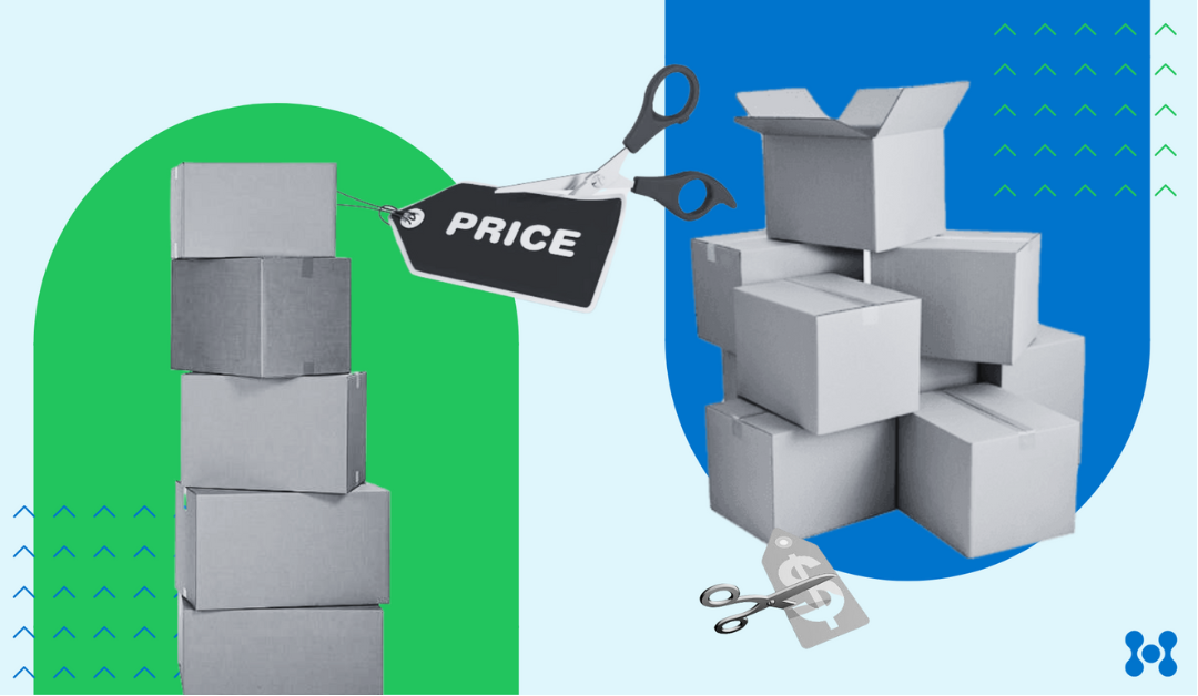 A graphic displays a price slash. Two stacks of boxes are on either side of the page, on the left hand side a pair of scissors is cutting a price tag. 