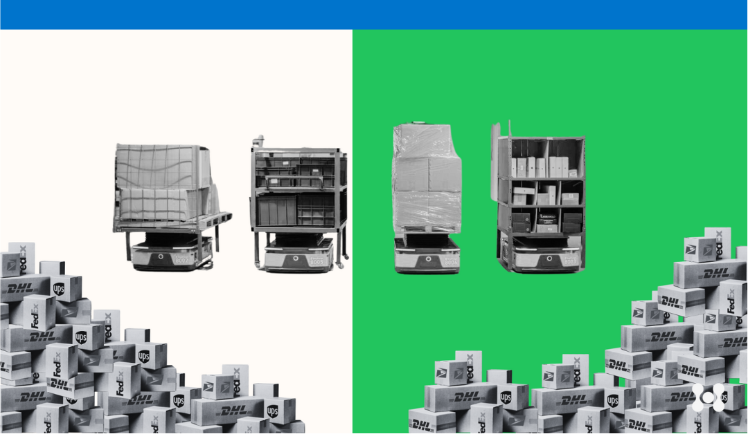 The page is split in half vertically. One side is a vibrant green background while the other is an off white. There are two warehouse robots on each side, and a pile of boxes stacked high on each side as well.