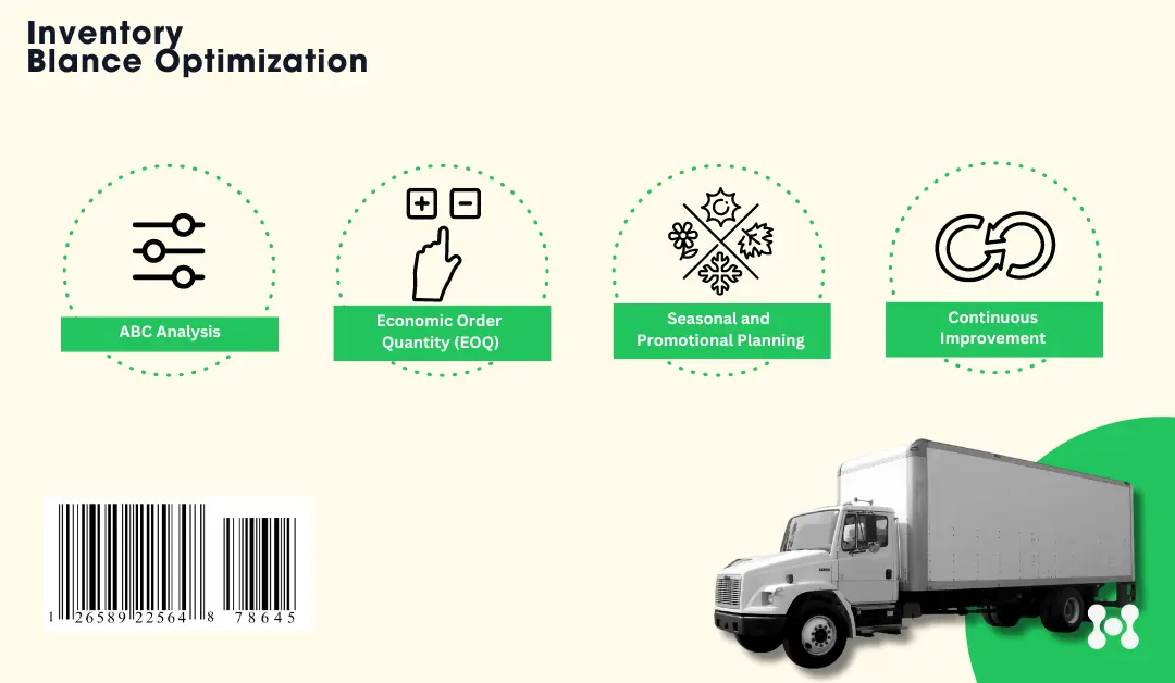 A semi truck is shown as a black and white cut out photo. An infographic is shown with icons representing the important aspects to consider when weighing overstock and understock. 