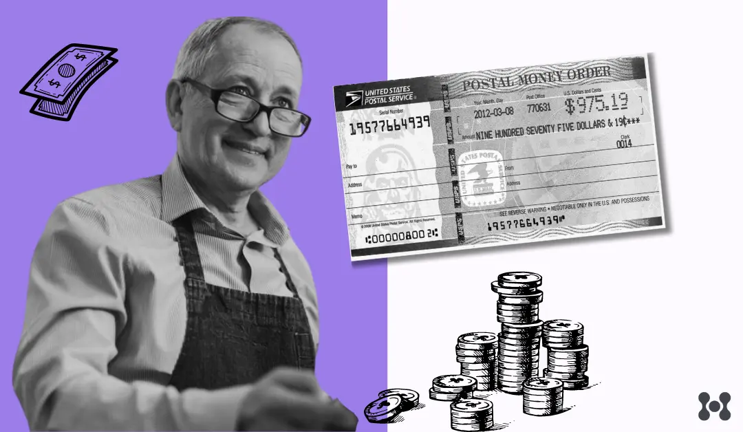 An older man is shown with a pair of glasses and a friendly smile wearing a cashier's apron. There is a stack on stylized coins and a money order slip also shown in the foreground.