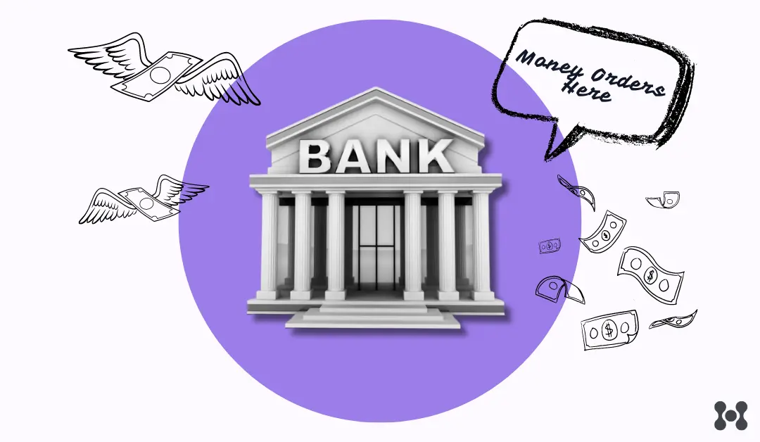 A stylized visual is shown with a black and white cutout of a generic bank, with the words "money order" shown in a text bubble above the bank. 