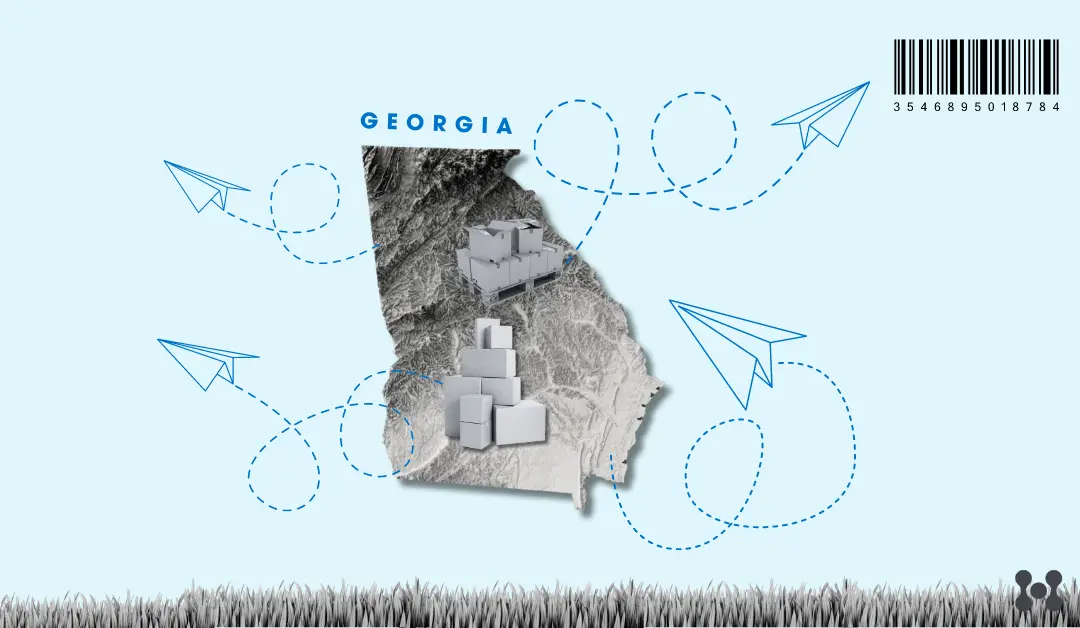 A black and white cutout of the state of Georgia is shown in the center of the image. On top of the state, are multiple piles of cardboard boxes. Outside of the map are paper airplanes shown tracing lines to symbolize outbound shipments.