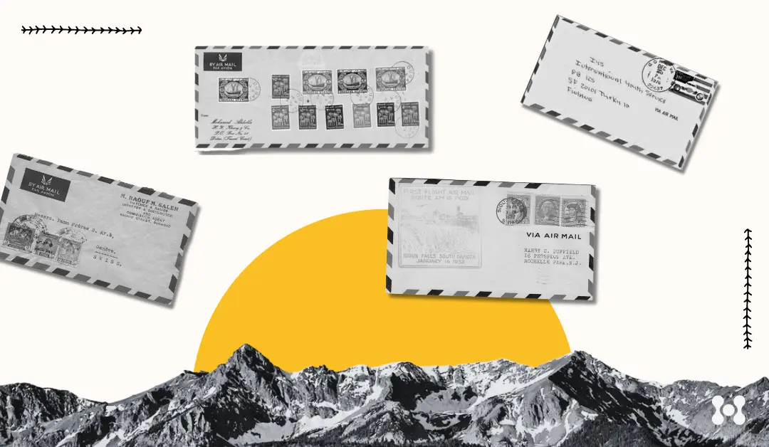 Envelopes are shown in the foreground, suspended in the air, with many stamps attached. In the background is a mountain with a stylized sun behind. 