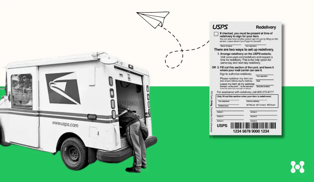 A USPS redelivery slip is shown up close. In the background a deliveryman reaches into the back of a USPS truck.