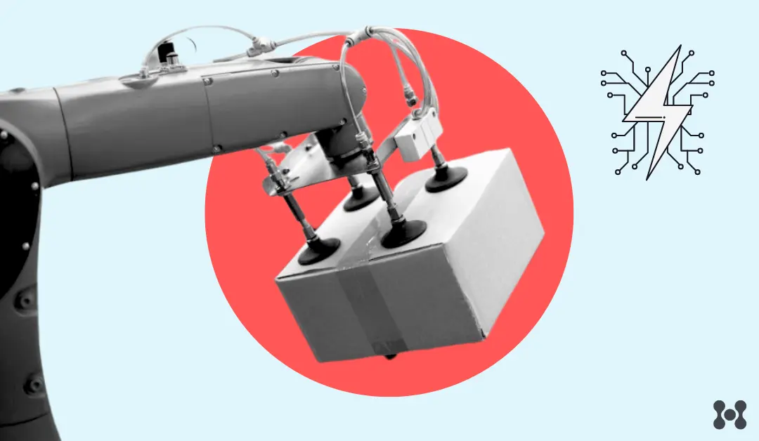 A robotic arm is shown up close, moving a package through a distribution processing center.