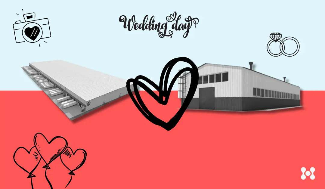 A warehouse and a distribution center are shown on either side of the image. In between them is a stylized heart that looks hand drawn, and the words "marriage" between them. 