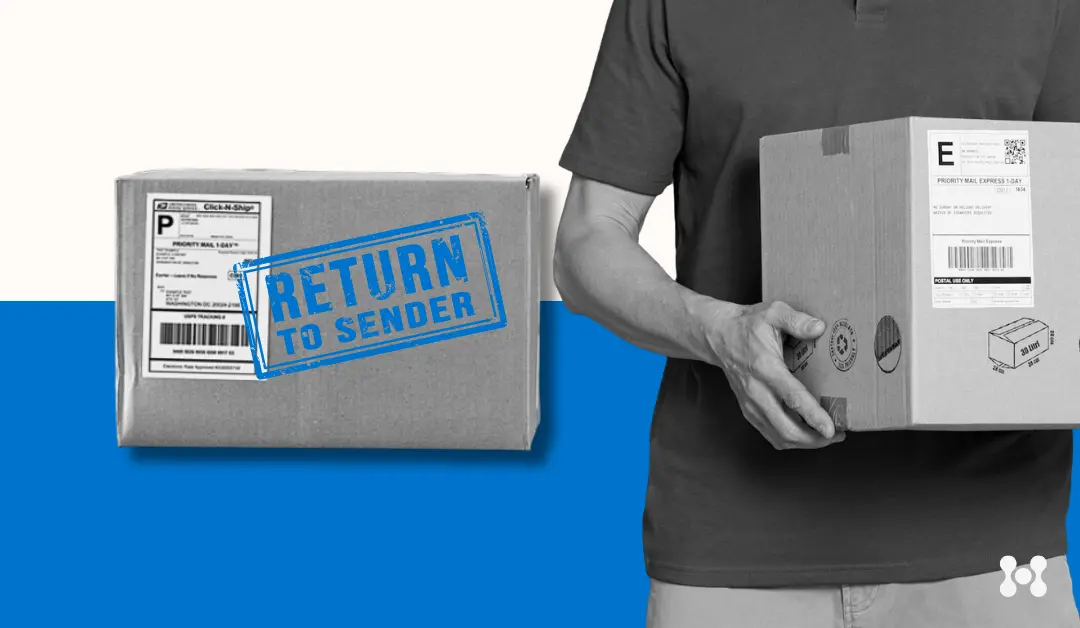 A man holds a package in a close up black and white cutout, only showing his arm and torso. Another box is shown adjacent, with the words "return to sender" stamped in blue ink.