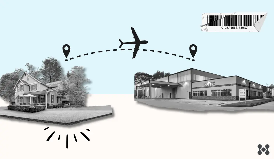 A stylized graphic is shown with a black and white cutout of a house, above which, a waypoint icon is shown and a route with an airplane icon is shown traveling to a distribution center.