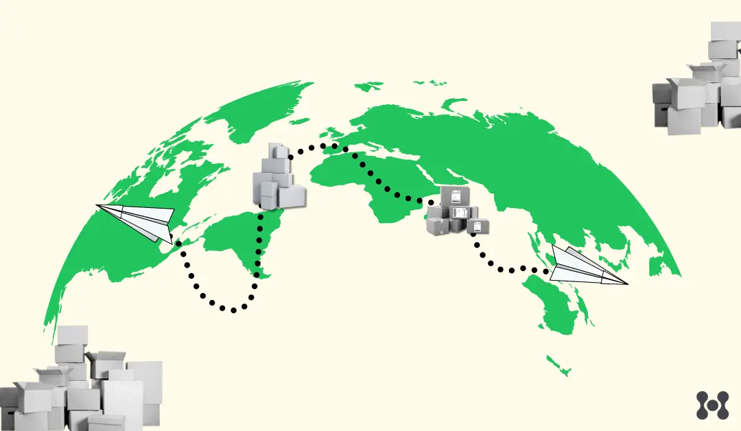 A partial map of the globe is shown in a stylized fashion. Piles of black and white photo-realistic shipping boxes are shown in small piles of 6-12 boxes, and these are dispersed across the globe, with a dotted line connecting to paper airplanes. 