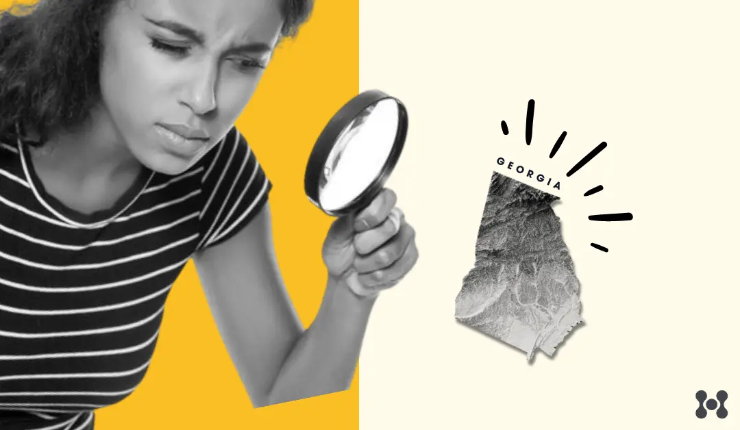 How to find dropshipping suppliers Georgia. A woman is shown up close, as a black and white cutout photo. She is holding a magnifying glass and looking at a small cutout of the state of Georgia. These images are overlaid on a yellow background.