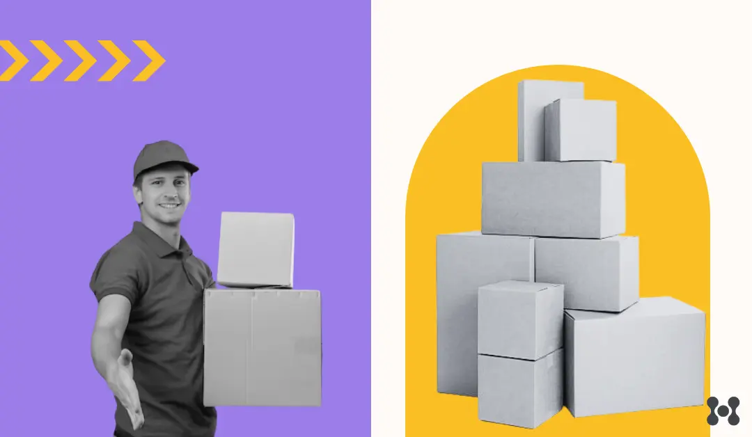 A delivery man holding two boxes in his left arm, extends his right hand for a handshake. On the other side of the page, there is a large stack of boxes.