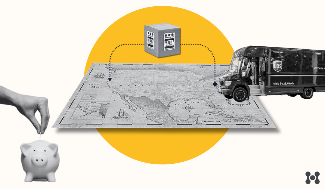 A map is shown of the United States, Above the map is a shipping box and a UPS truck, following a dotted line from coast to coast. On the side of the image, there is a close up of a hand dropping a coin into a piggy bank, showing the cost savings that can be had with UPS ground.