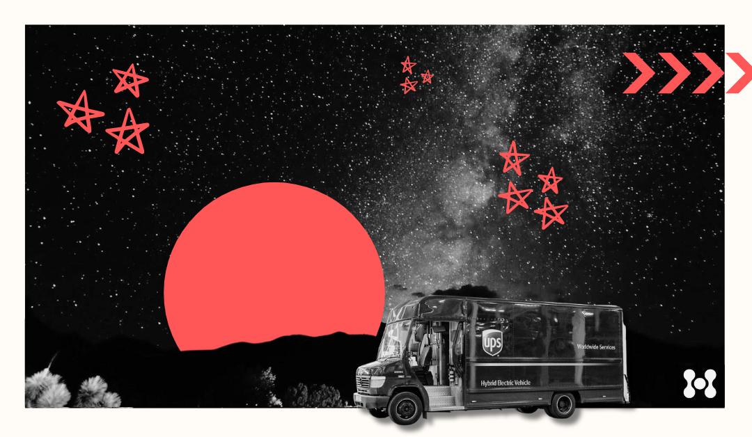 A delivery truck is shown in black and white, traveling along the highway. In the background, a black and white mountain is shown with a red moon rising and red stars in the sky.