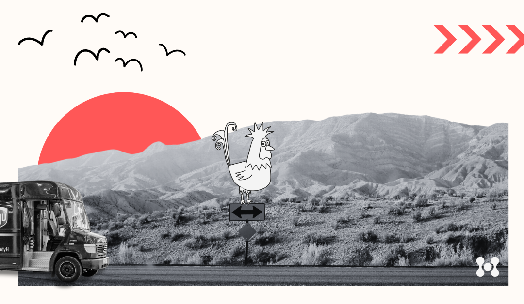 A cartoon rooster is shown on the side of the highway, standing on a sign while a red sun rises over black and white desert mountains in the background. A delivery truck is shown driving down the highway, while a red sun rises in the background. 