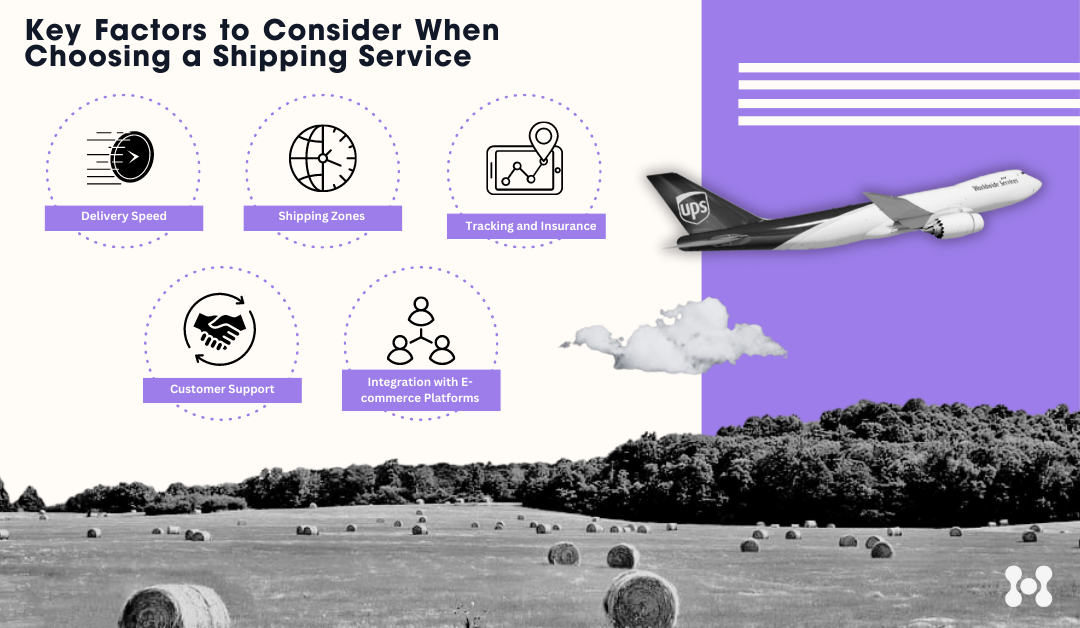 An infographic is shown, with graphics representing important factors to consider when shopping for shipping services for a small business.