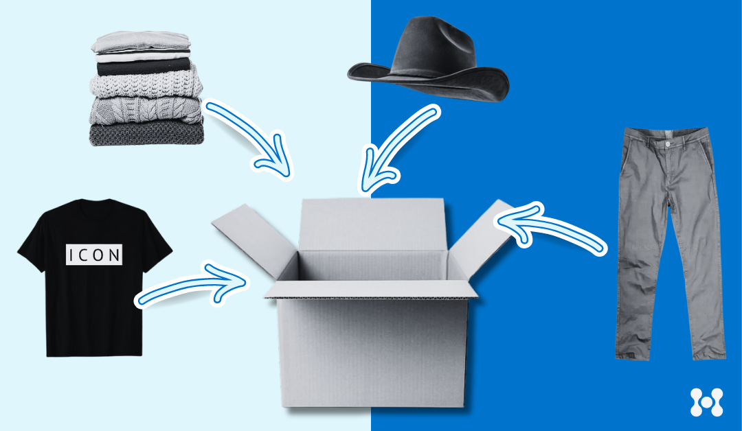A variety of clothing items are being shown with arrows pointing to a shipping box, signifying that the package is. being loaded up with clothing for shipment. 