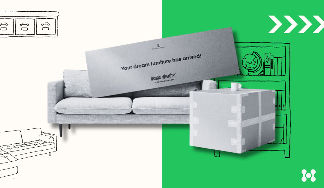 A couch is shown in black and white, over a green and white graphic-designed background. Atop the couch is a large cardboard box, as well as one other in the foreground.