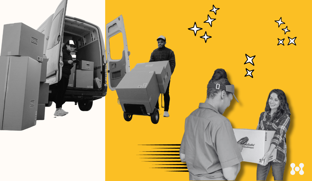 A yellow background is shown with cartoon looking stars in black and white. </p>
<p>In the foreground a delivery truck is shown with a man pulling a dolly stacked with multiple large packages. Also, another delivery-person hands off a package to a recipient. 