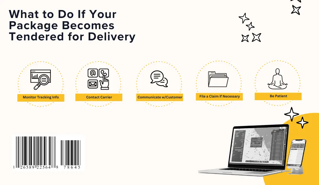 An infographic is displayed over a light yellow background with cartoon style stars. The infographic is titled: "what to do if your package becomes tendered for delivery." The steps each have their own respective icon and the 5 steps are as follows: "monitor tracking info, contact carrier, communicate w/ customer, file a claim if necessary, and finally be patient"