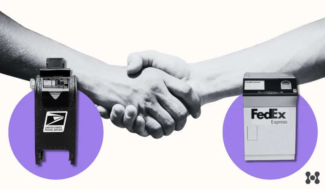 In the background, a closeup is shown of two hands shaking in black and white. </p>
<p>On either side of the page, in front of each respective hand is a USPS and a FedEx drop box, signifying a partnership or handoff in some delivery scenarios. 