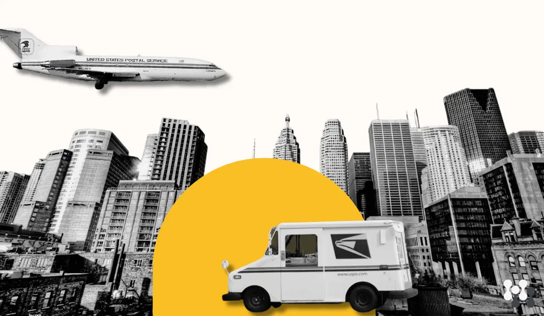 A USPS truck is shown in black and white in the foreground. A Yellow circle is shown behind the truck, then behind the circle is a city scape in black and white. 
