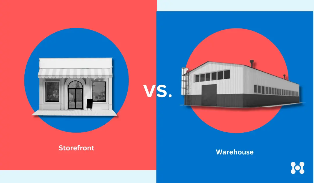 An image is displayed with an image of a storefront on the left hand of the page, while an image of a warehouse is shown on the right. Underneath the images are the words: "storefront vs warehouse."